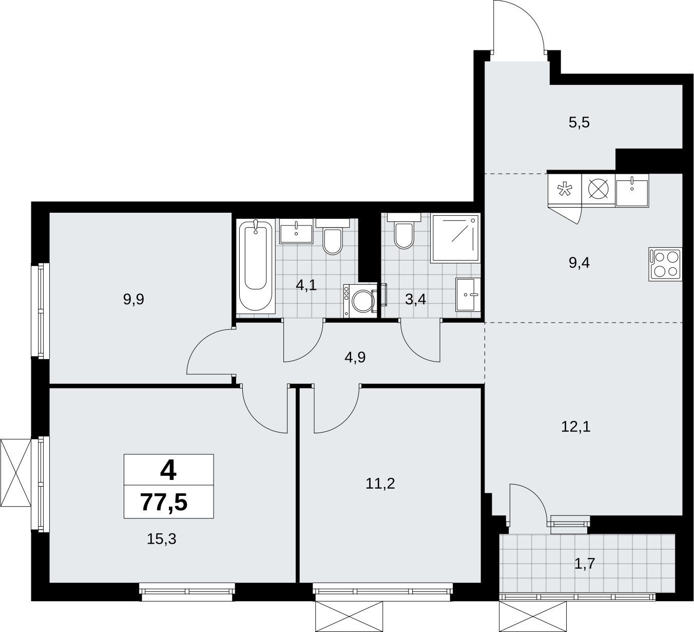 Продается 4-комнатная квартира с европланировкой с отделкой в новом жилом комплексе, у метро