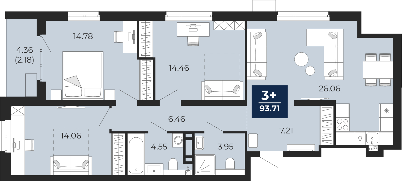 3-комнатная квартира, 95.89 кв.м, жилой район «Прео»