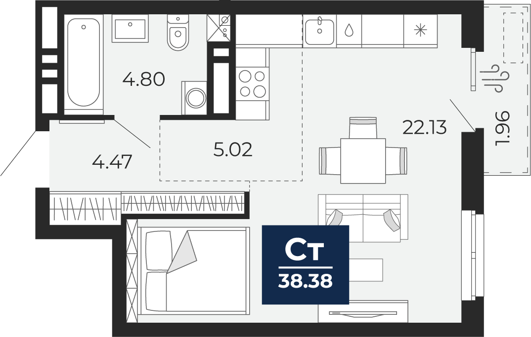 1-комнатная квартира, 38.38 кв.м, ЖК «Мириады город в принципах ЭНКО» 1-комнатная квартира, 38.38 кв.м, ЖК «Мириады город в принципах ЭНКО»
