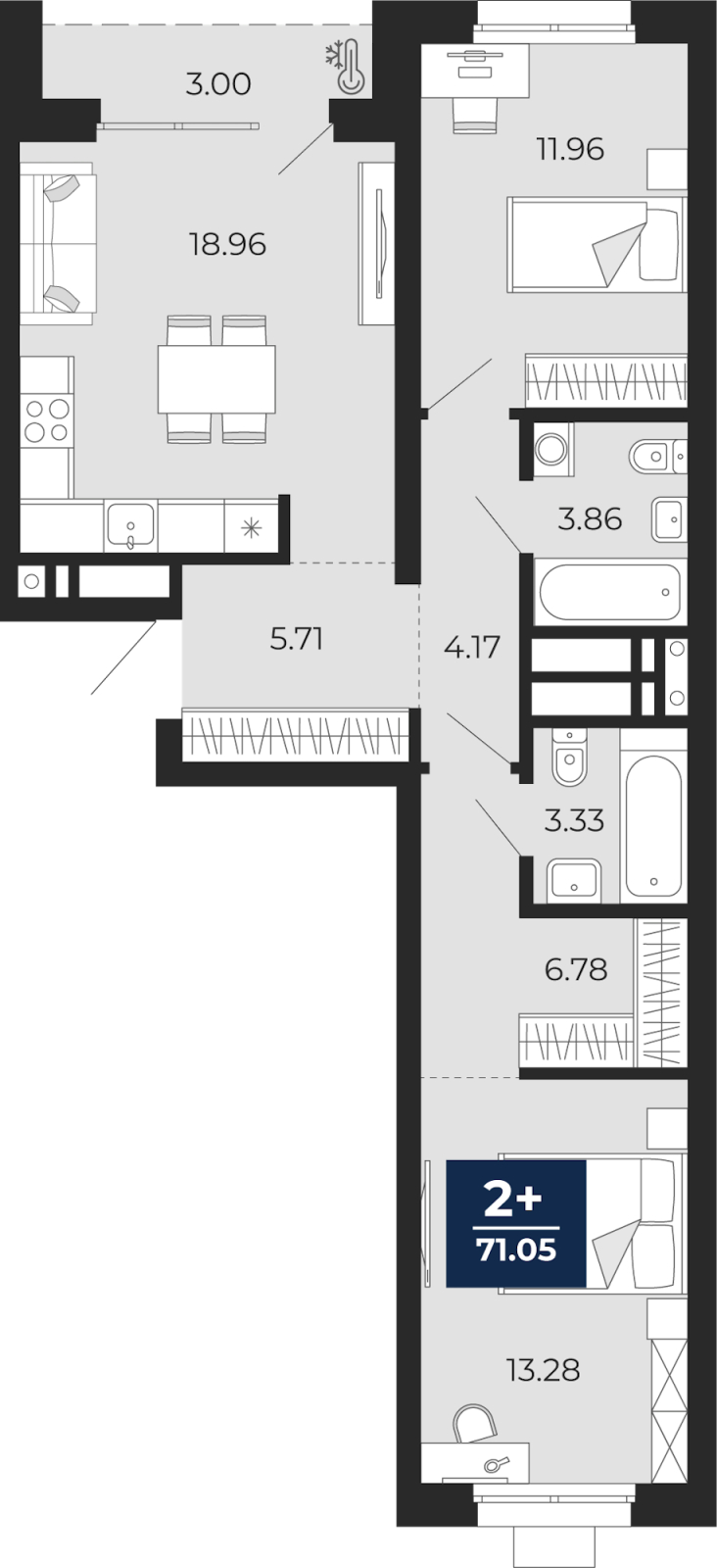 2-комнатная квартира, 71.05 кв.м, ЖК «Соната Парк»