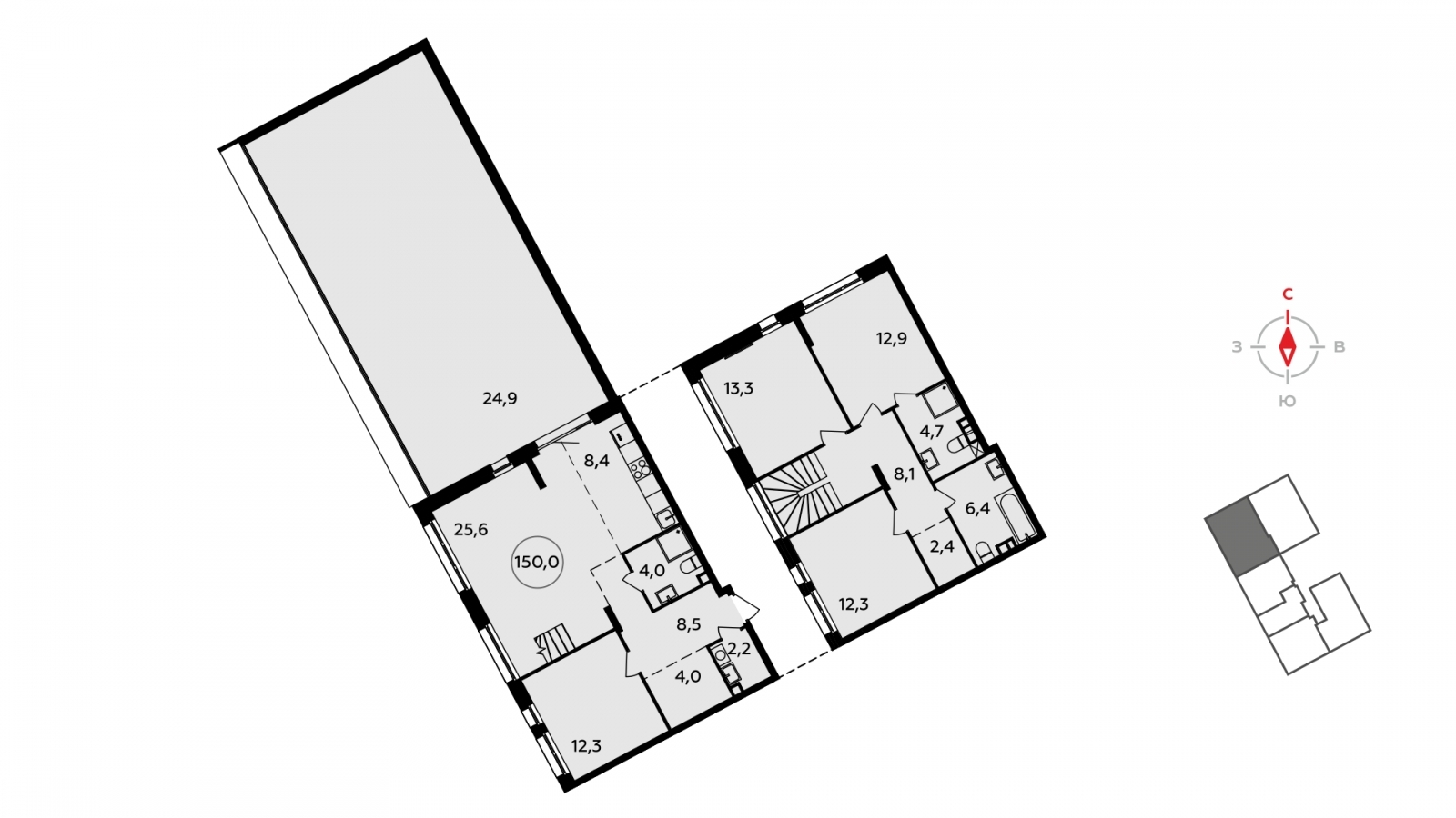 Многоуровневая 5-комн. квартира с европланировкой с террасой в новом жилом комплексе, дом сдан, метро рядом