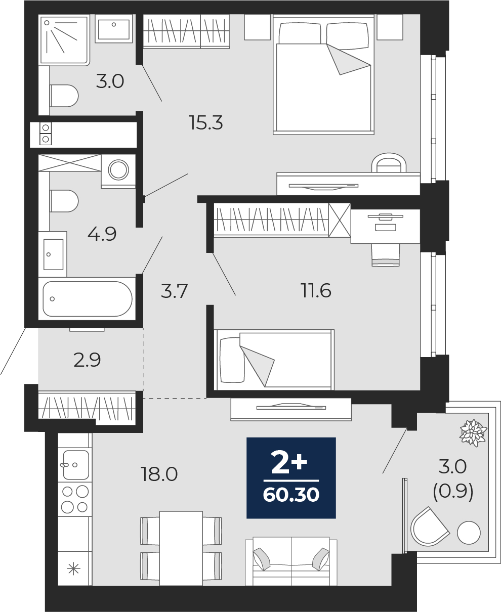 2-комнатная, 62.4 м2, ЖК «Мириады город в принципах ЭНКО»