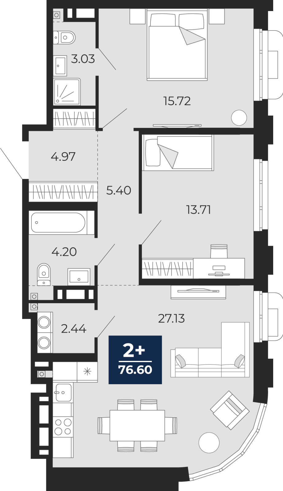 2-комнатная квартира, 76.6 кв.м, ЖК «Айвазовский Сити»