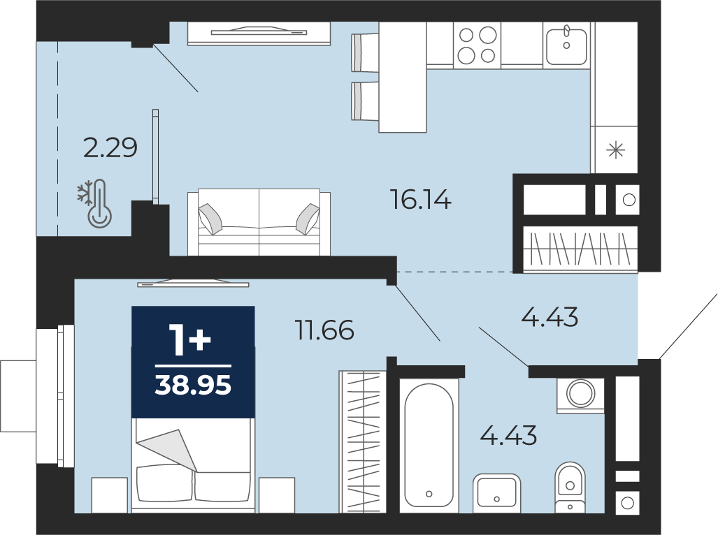 1-комнатная квартира, 38.95 кв.м, ЖК «Соната Парк»