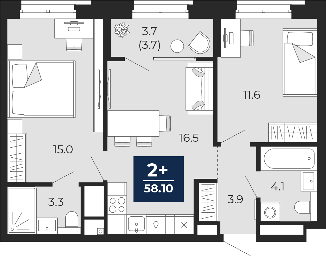 2-комнатная, 58.1 м2, ЖК «Мириады город в принципах ЭНКО»