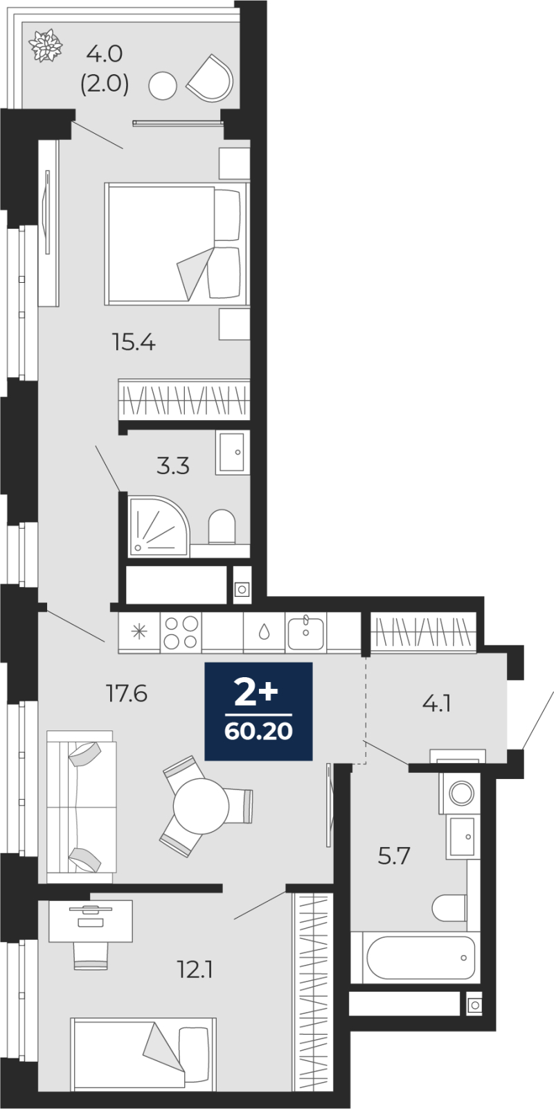 2-комнатная, 62.2 м2, ЖК «Мириады город в принципах ЭНКО»