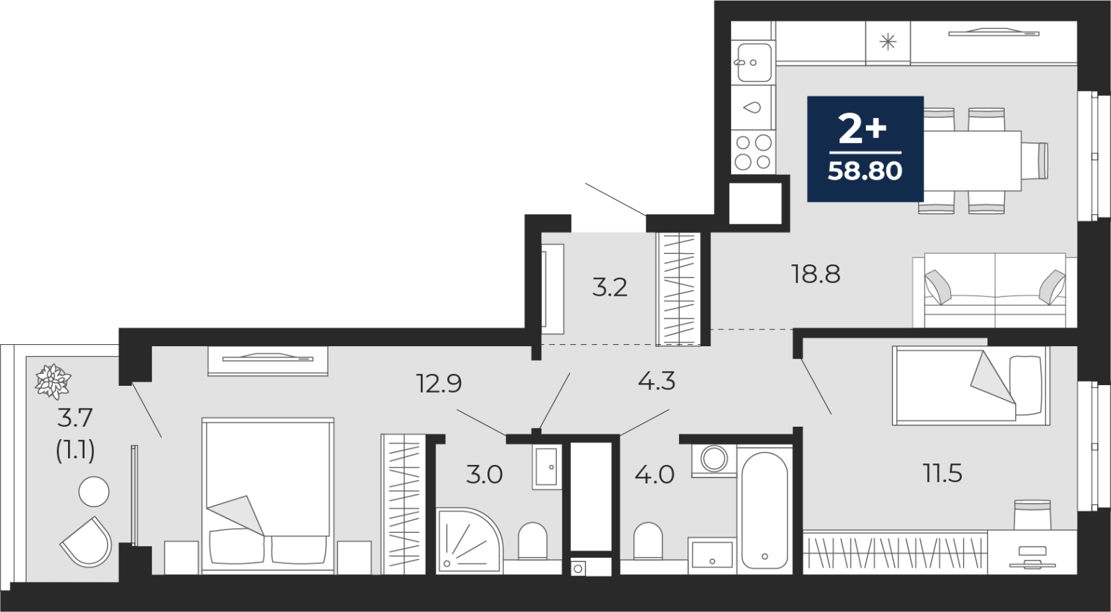 2-комнатная, 61.4 м2, ЖК «Мириады город в принципах ЭНКО»