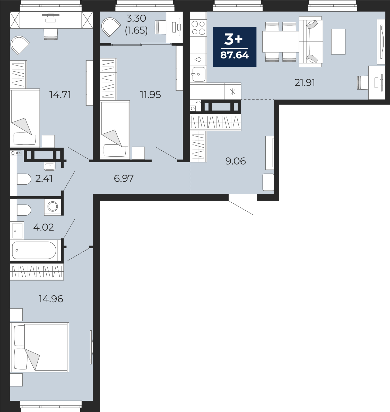 3-комнатная квартира, 89.29 кв.м, ЖК «Беринг»