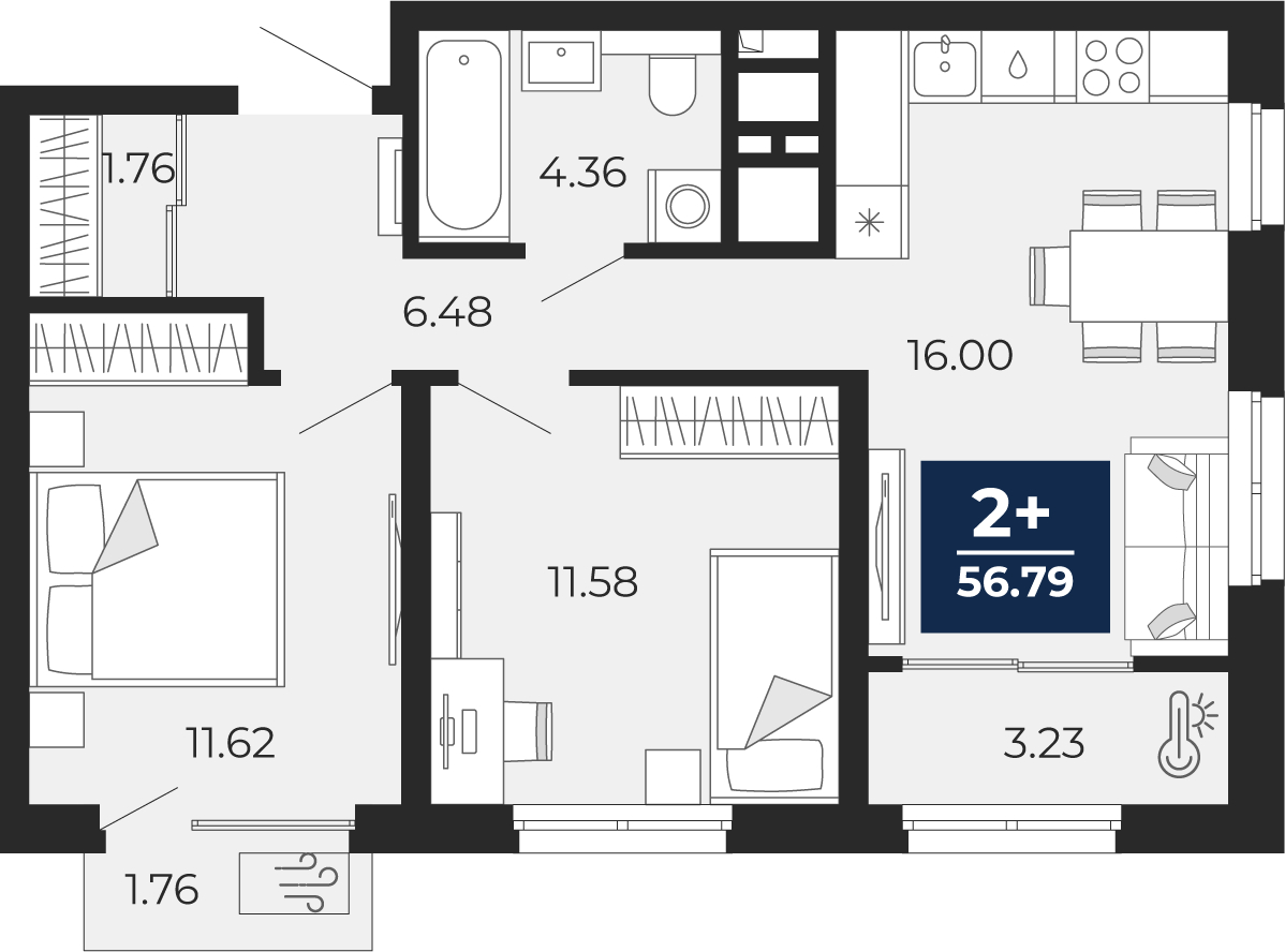 2-комнатная квартира, 56.79 кв.м, ЖК «Беринг» 2-комнатная квартира, 56.79 кв.м, ЖК «Беринг»