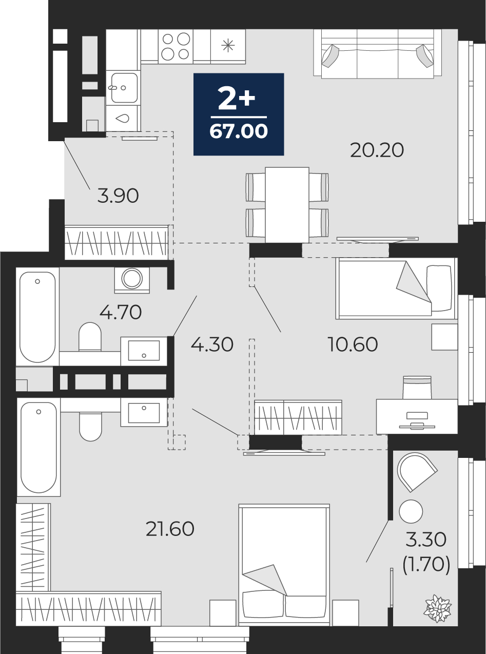 2-комнатная квартира, 68.6 кв.м, ЖК «Айвазовский Сити»