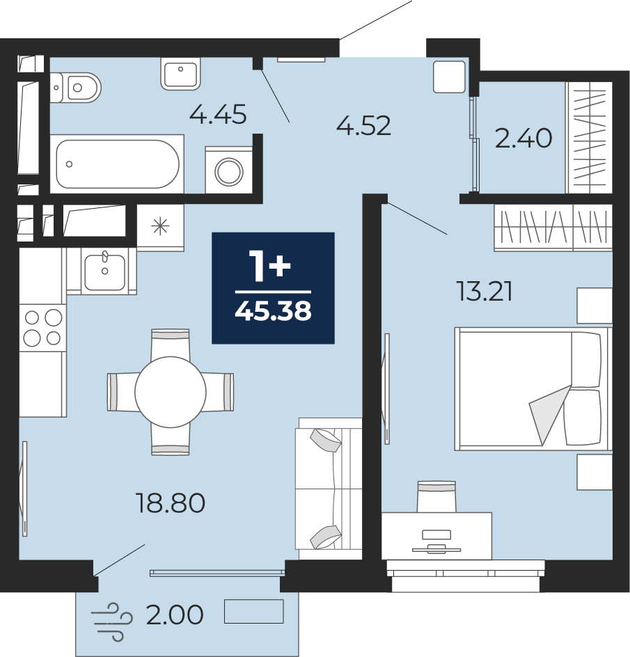 1-комнатная квартира, 45.38 кв.м, ЖК «Беринг»