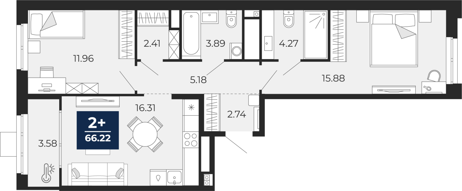 2-комнатная, 66.22 м2, ЖК «Мириады город в принципах ЭНКО»