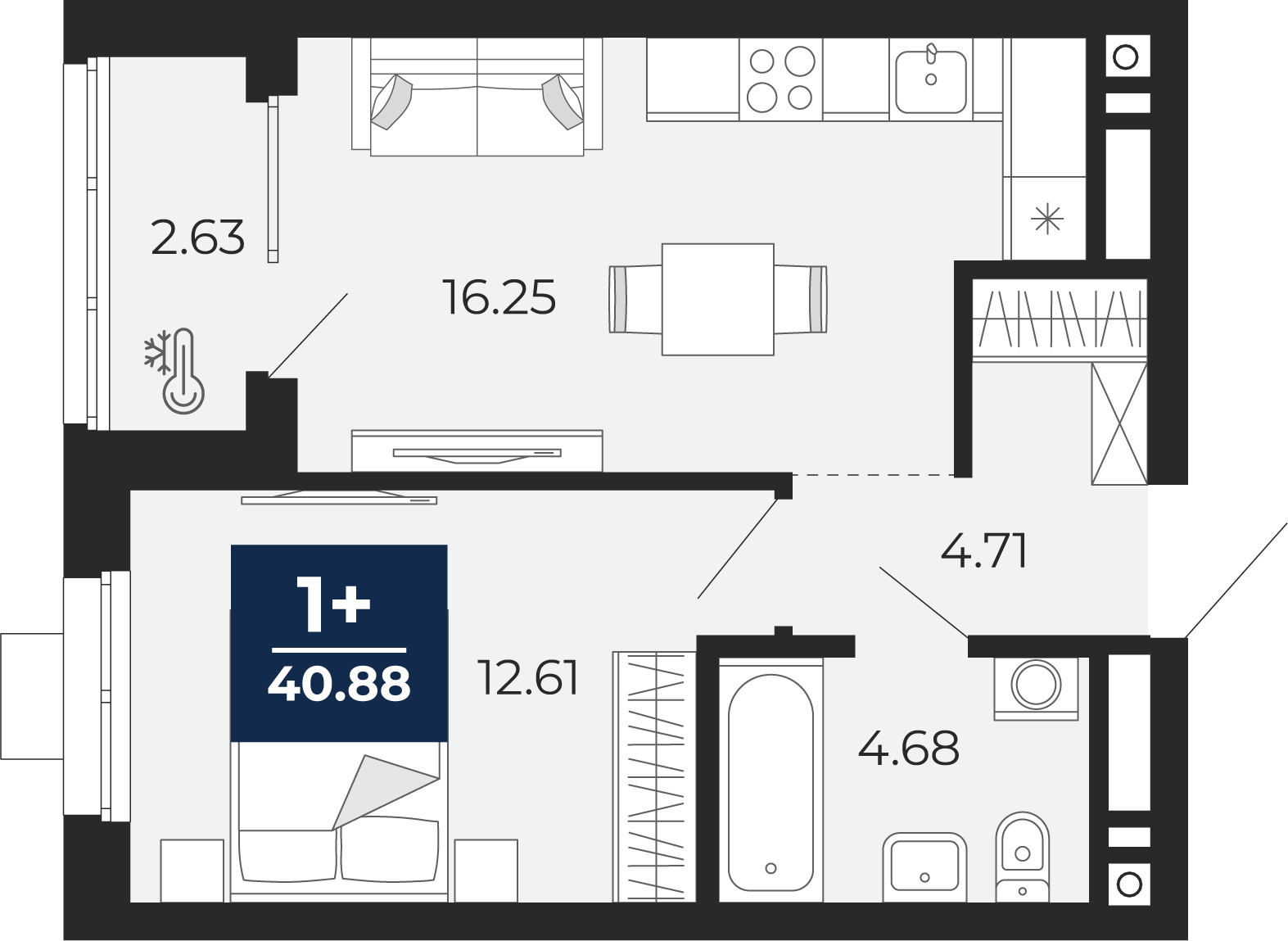 1-комнатная квартира, 40.88 кв.м, ЖК "Соната Парк"