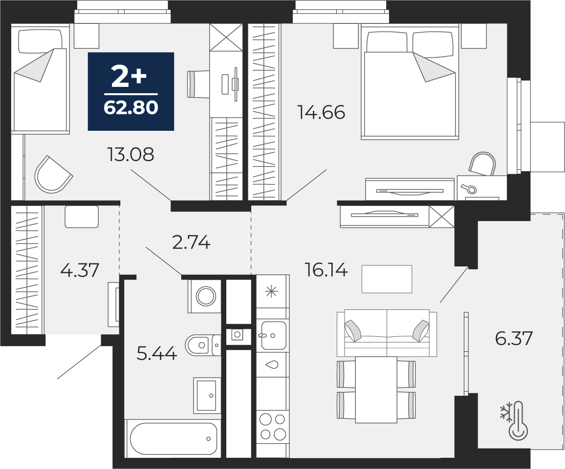 2-комнатная, 62.8 м2, ЖК «Мириады город в принципах ЭНКО»