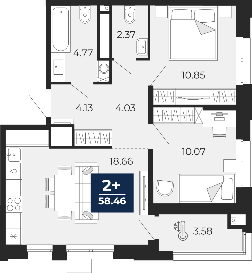 2-комнатная квартира, 58.46 кв.м, ЖК «Мириады город в принципах ЭНКО» 2-комнатная квартира, 58.46 кв.м, ЖК «Мириады город в принципах ЭНКО»