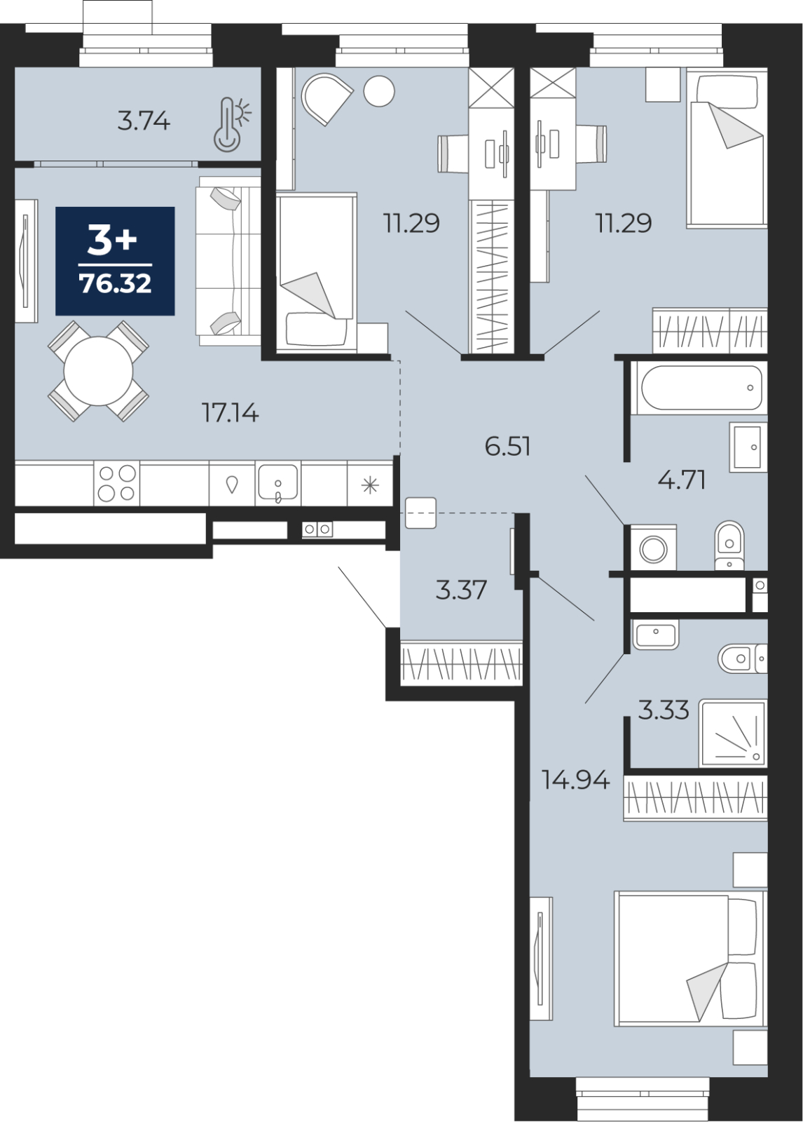 3-комнатная квартира, 76.32 кв.м, ЖК "Мириады"