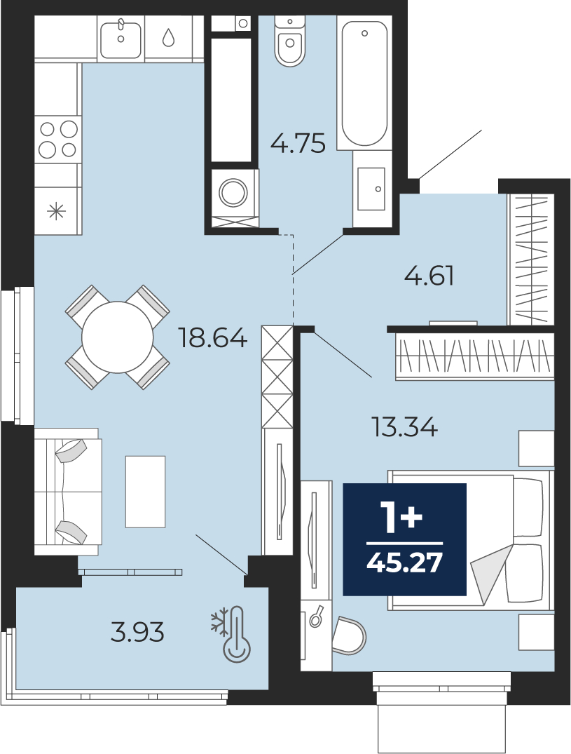 1-комнатная, 45.27 м2, ЖК «Мириады город в принципах ЭНКО»