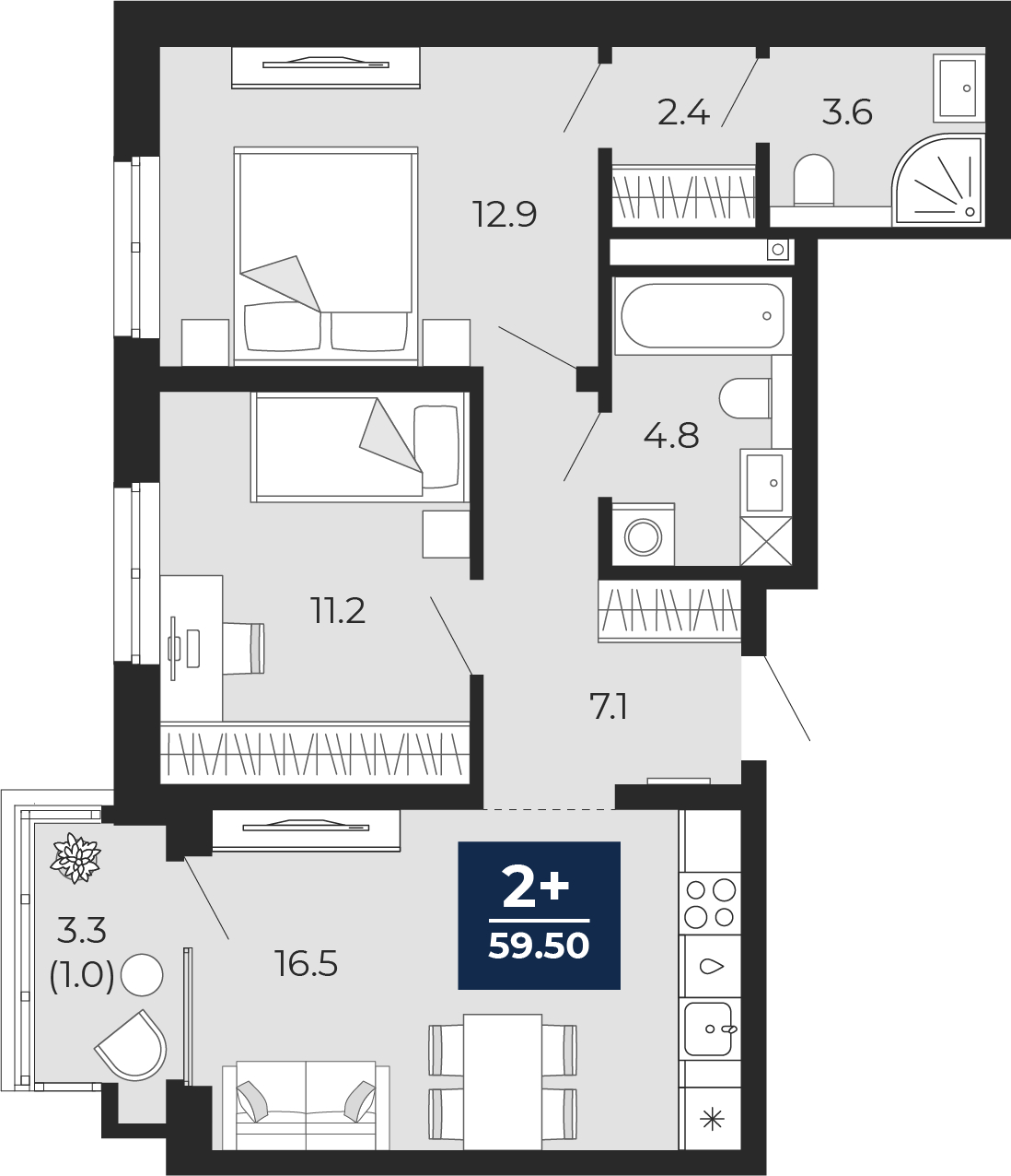 2-комнатная, 61.8 м2, ЖК «Мириады город в принципах ЭНКО» 2-комнатная, 61.8 м2, ЖК «Мириады город в принципах ЭНКО»