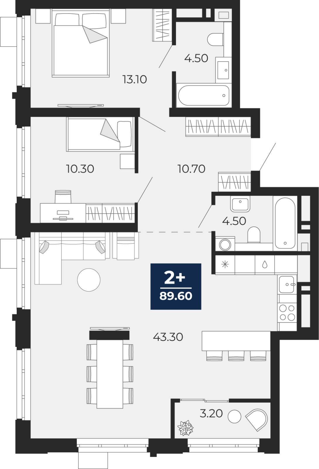 2-комнатная квартира, 89.6 кв.м, ЖК "Айвазовский"