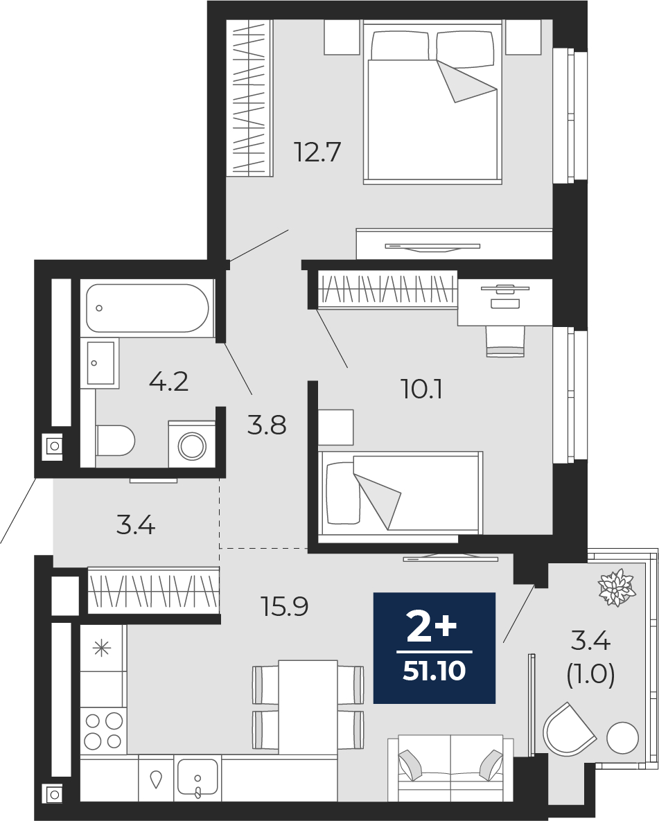 2-комнатная, 53.5 м2, ЖК «Мириады город в принципах ЭНКО»