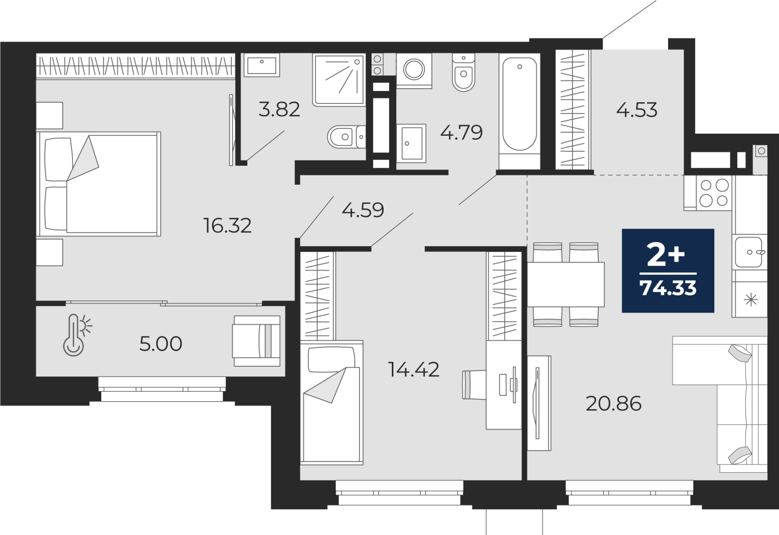 2-комнатная квартира, 74.33 кв.м, ЖК "Айвазовский"