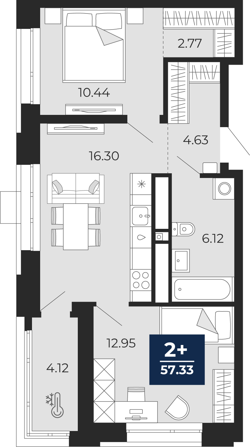 2-комнатная, 57.33 м2, ЖК «Мириады город в принципах ЭНКО»