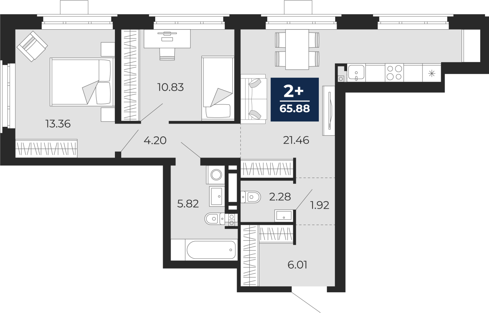 2-комнатная квартира, 65.88 кв.м, ЖК "Айвазовский"