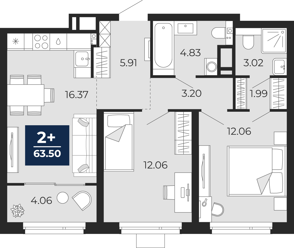 2-комнатная квартира, 63.5 кв.м, жилой район «Прео»