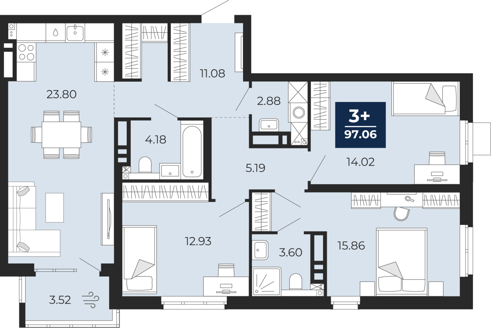 3-комнатная квартира, 97.06 кв.м, жилой район «Прео»
