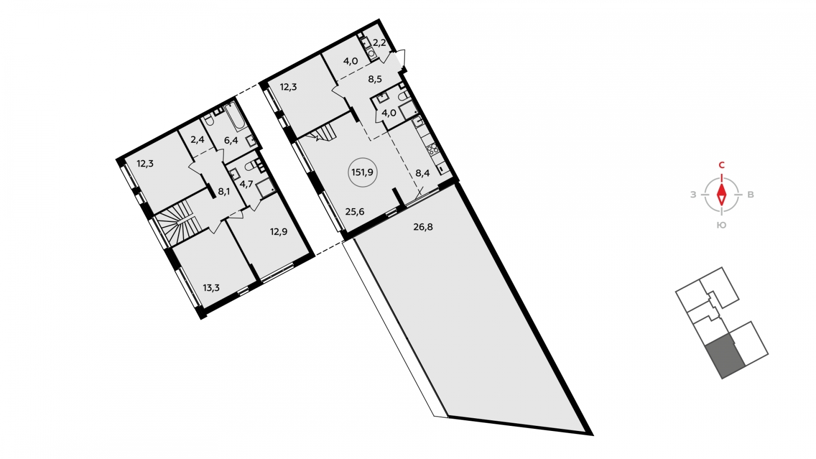 Продается двухуровневая 5-комн. квартира с европланировкой с террасой в новом ЖК, дом сдан, рядом с метро