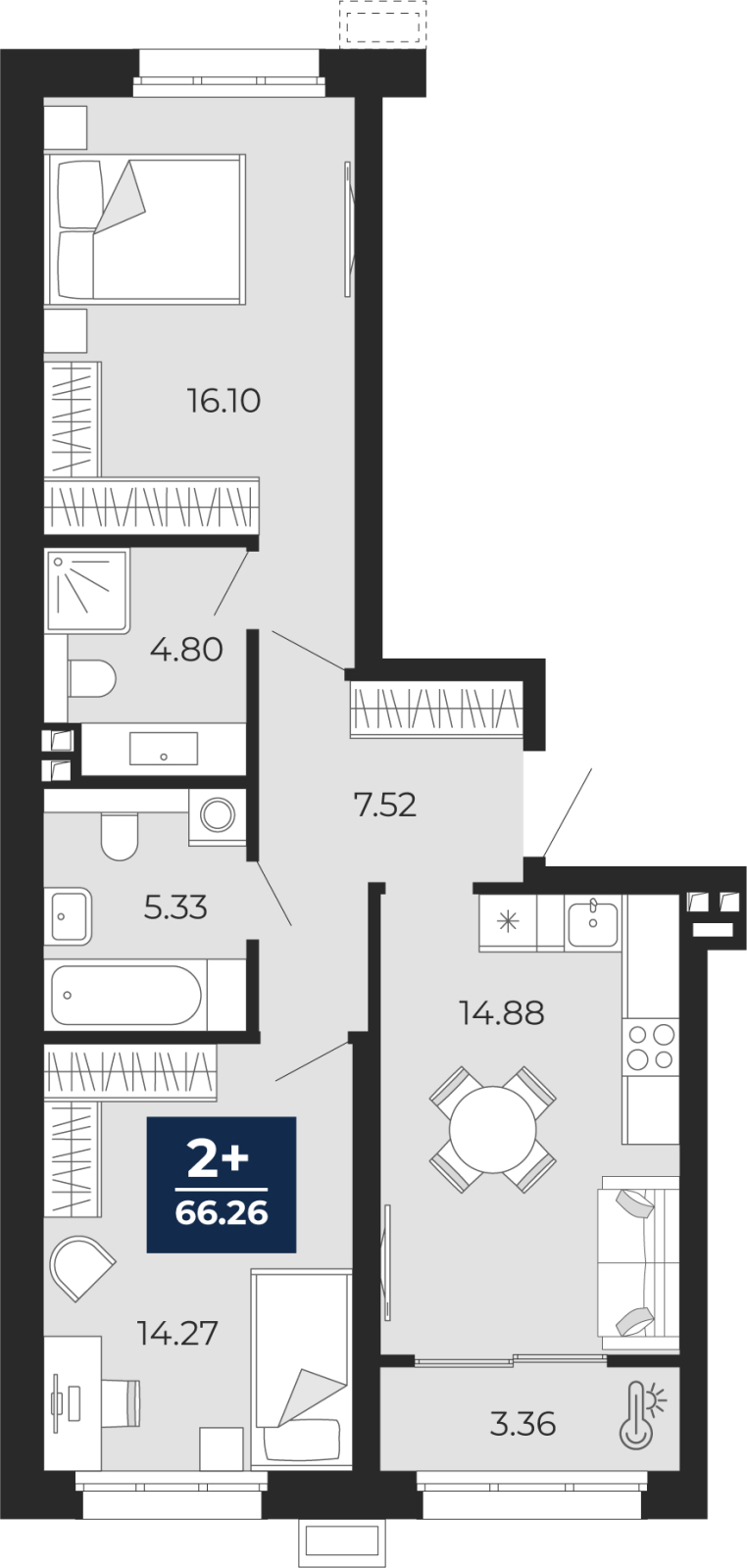 2-комнатная, 66.26 м2, ЖК «Беринг»