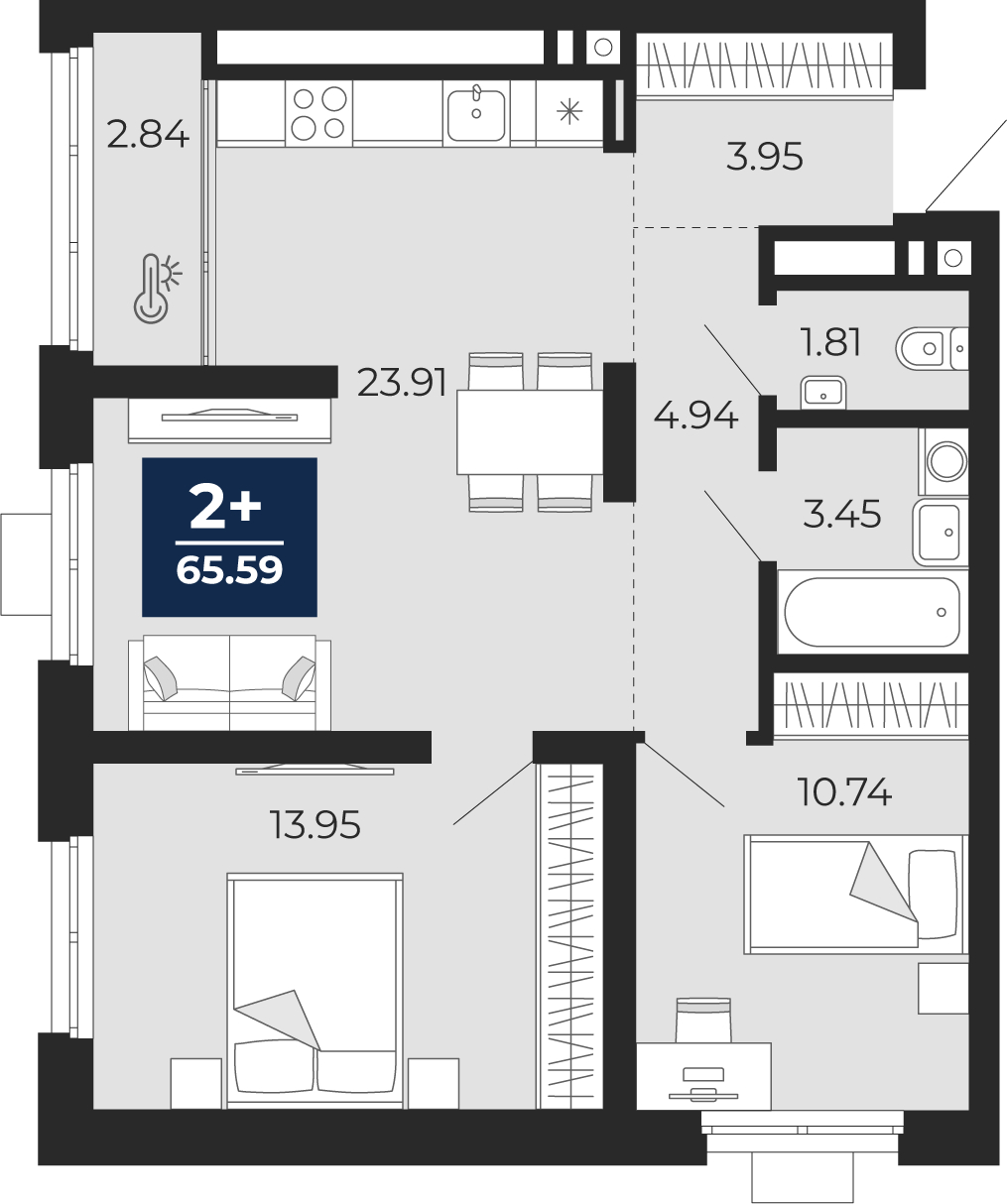 2-комнатная квартира, 65.59 кв.м, ЖК «Соната Парк»