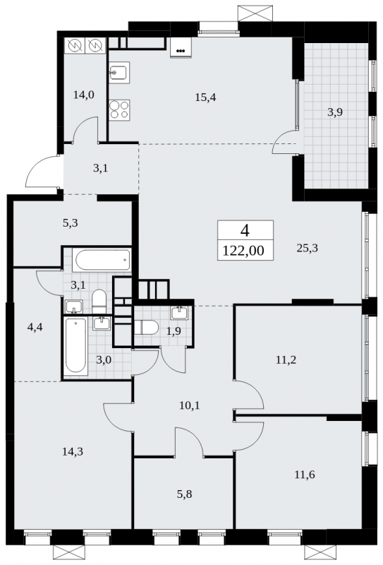 Продается 4-комнатная квартира с европланировкой с отделкой в новом жилом комплексе, метро рядом