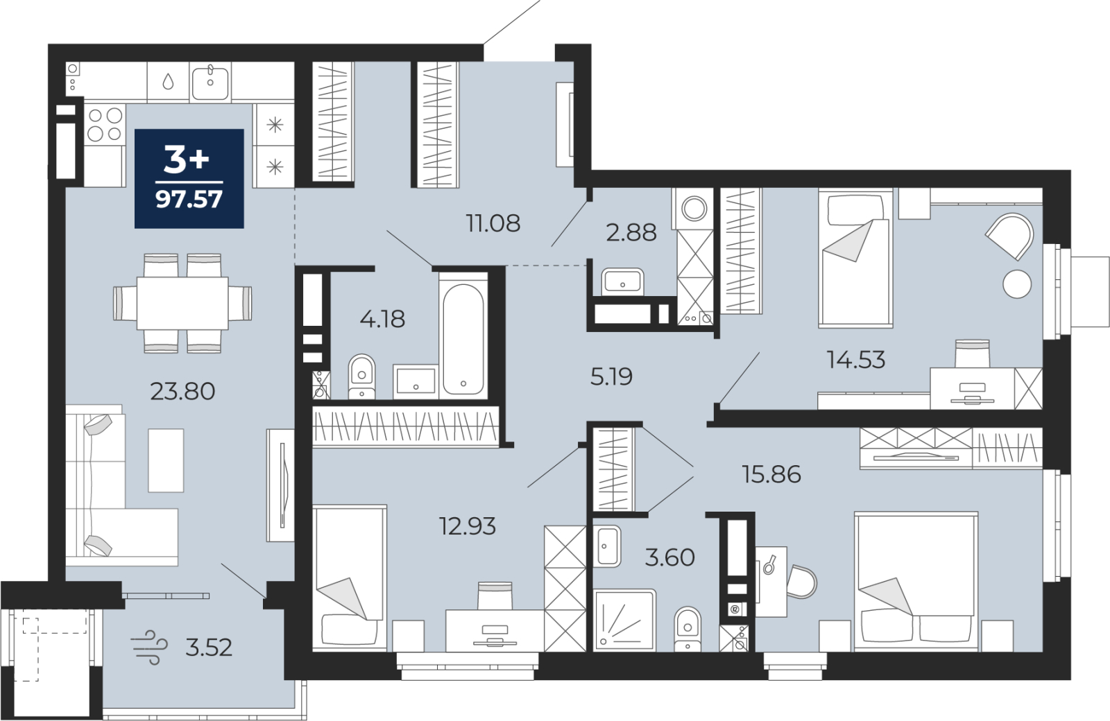 3-комнатная, 97.57 м2, ЖК «Мириады город в принципах ЭНКО»