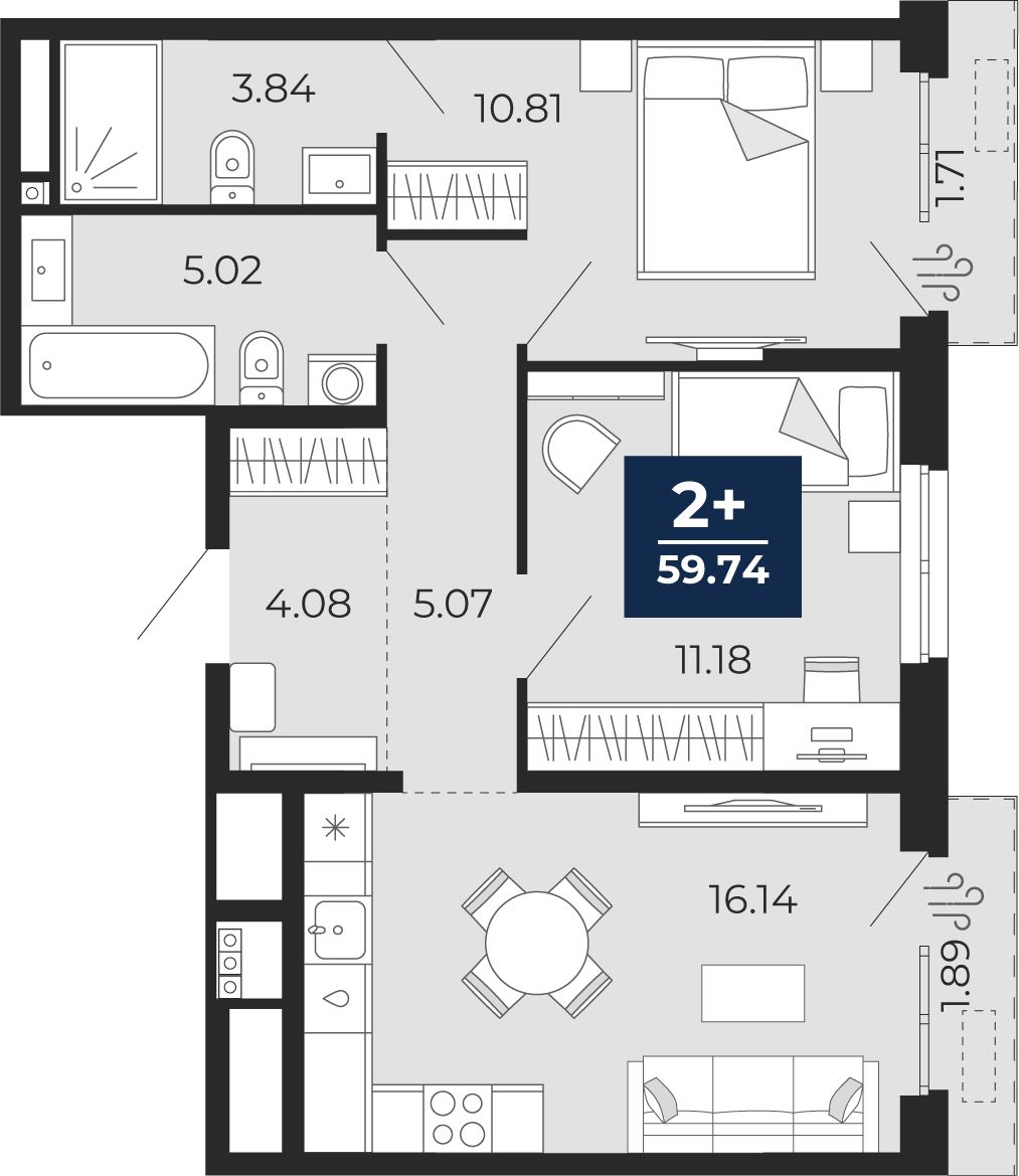 2-комнатная, 59.74 м2, ЖК «Мириады город в принципах ЭНКО»