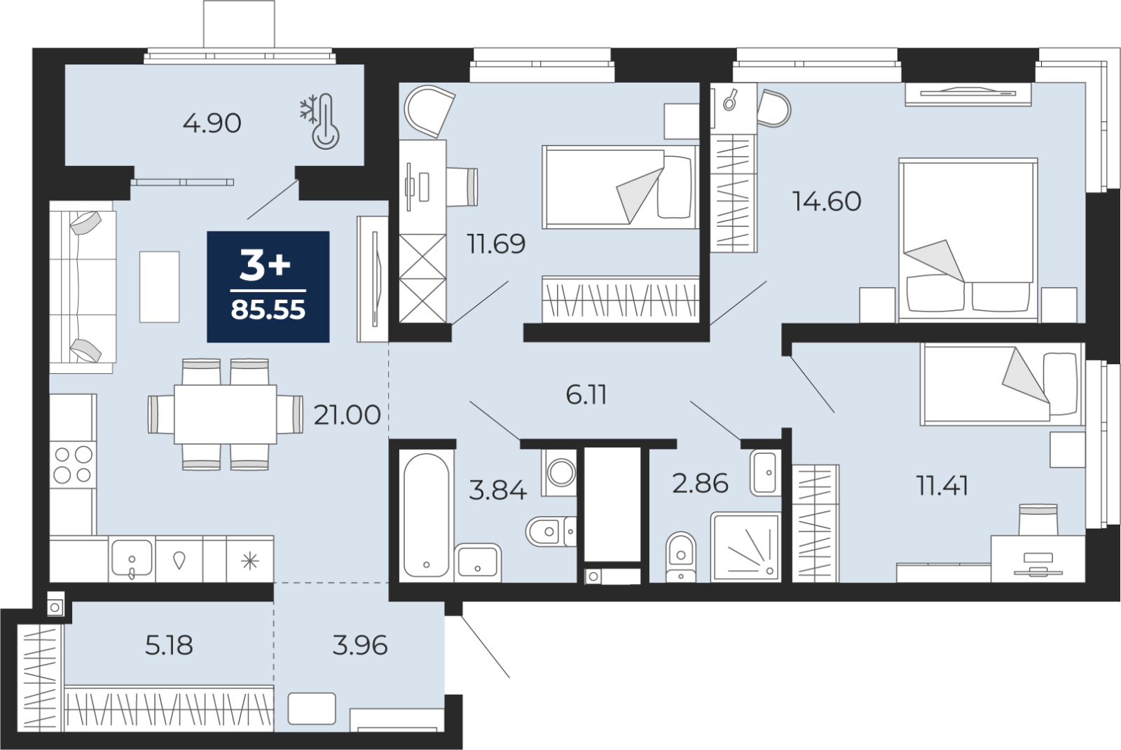 3-комнатная, 85.55 м2, ЖК «Мириады город в принципах ЭНКО»