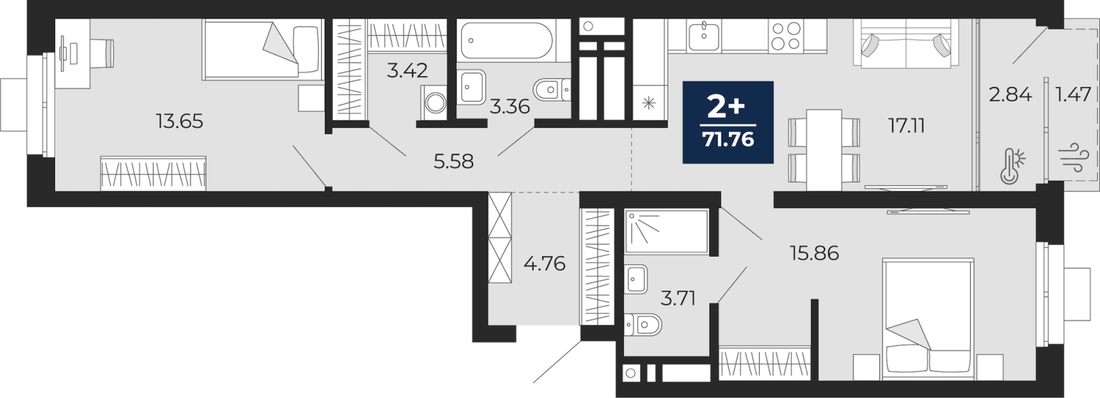 2-комнатная квартира, 71.76 кв.м, ЖК «Соната Парк»