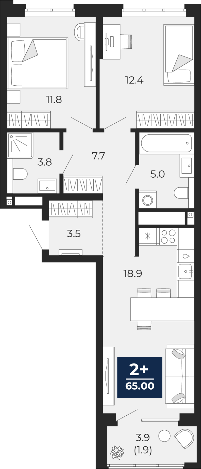 2-комнатная, 67 м2, ЖК «Мириады город в принципах ЭНКО»