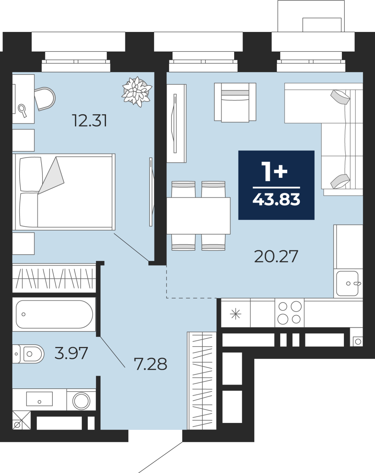 1-комнатная, 43.83 м2, ЖК «Айвазовский Сити»