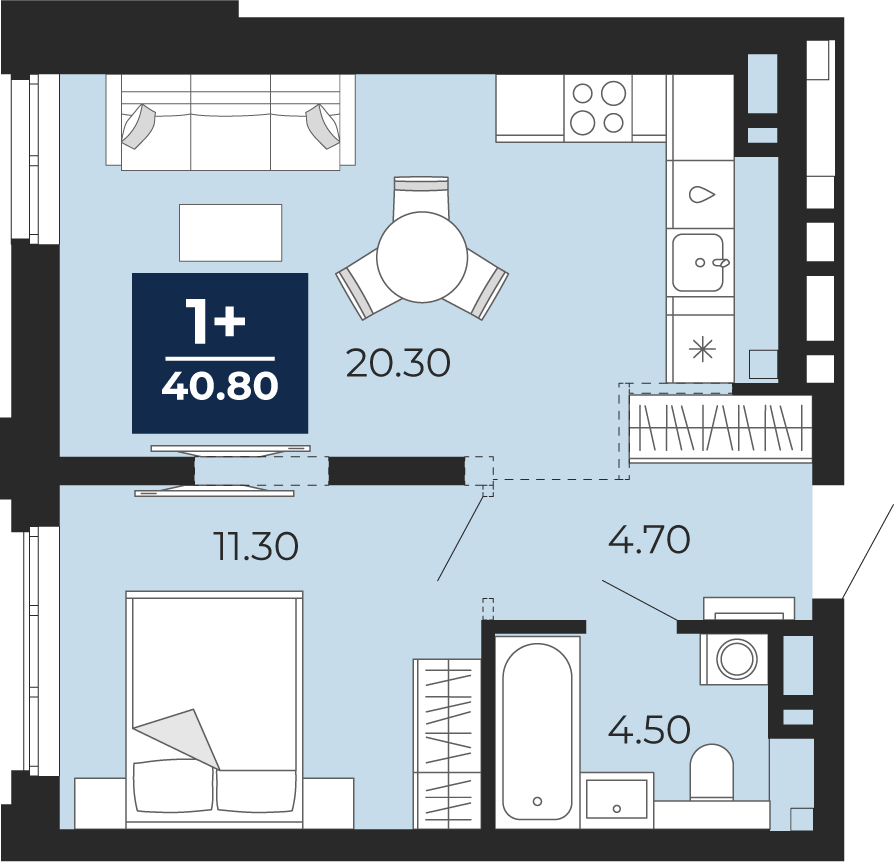 1-комнатная, 40.8 м2, ЖК «Айвазовский Сити»