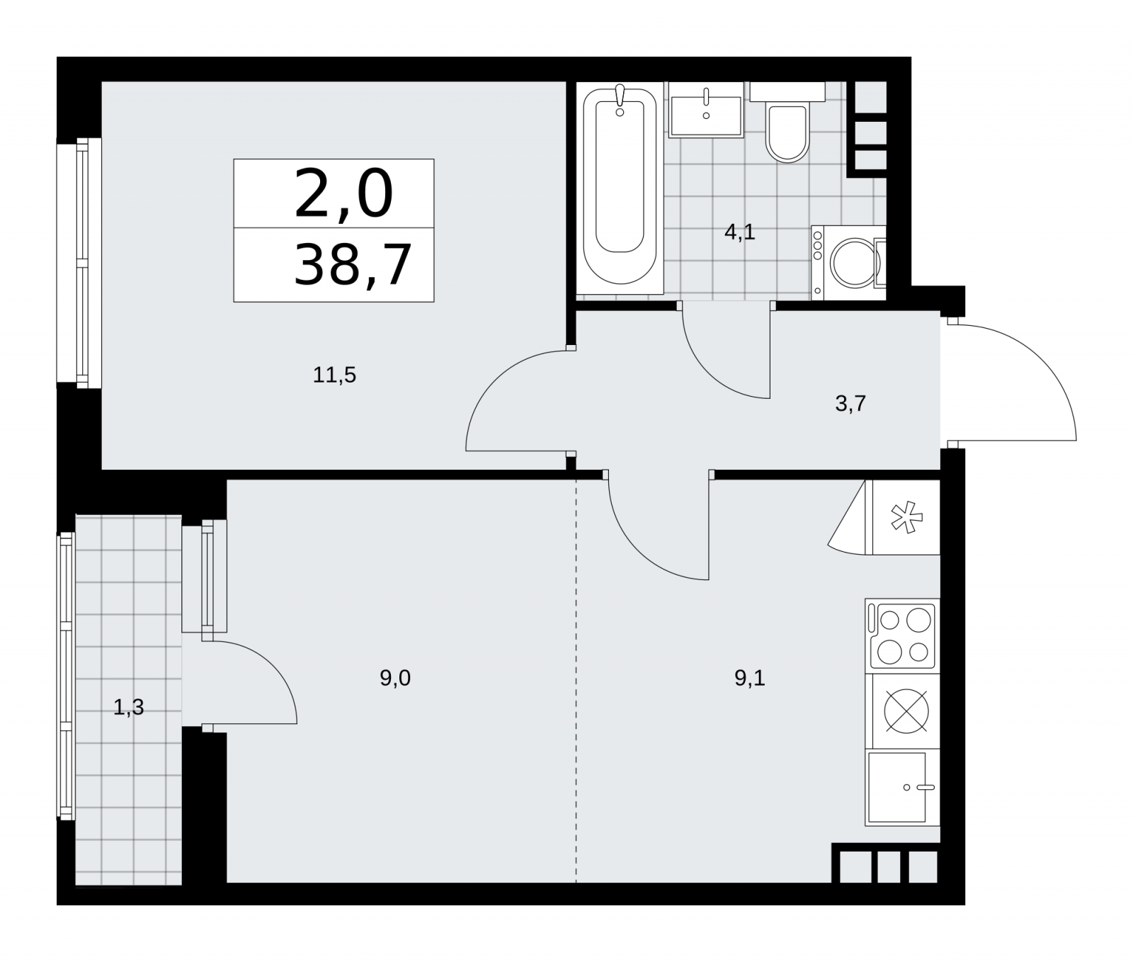 2-комнатная квартира с европланировкой в новом ЖК, рядом с метро