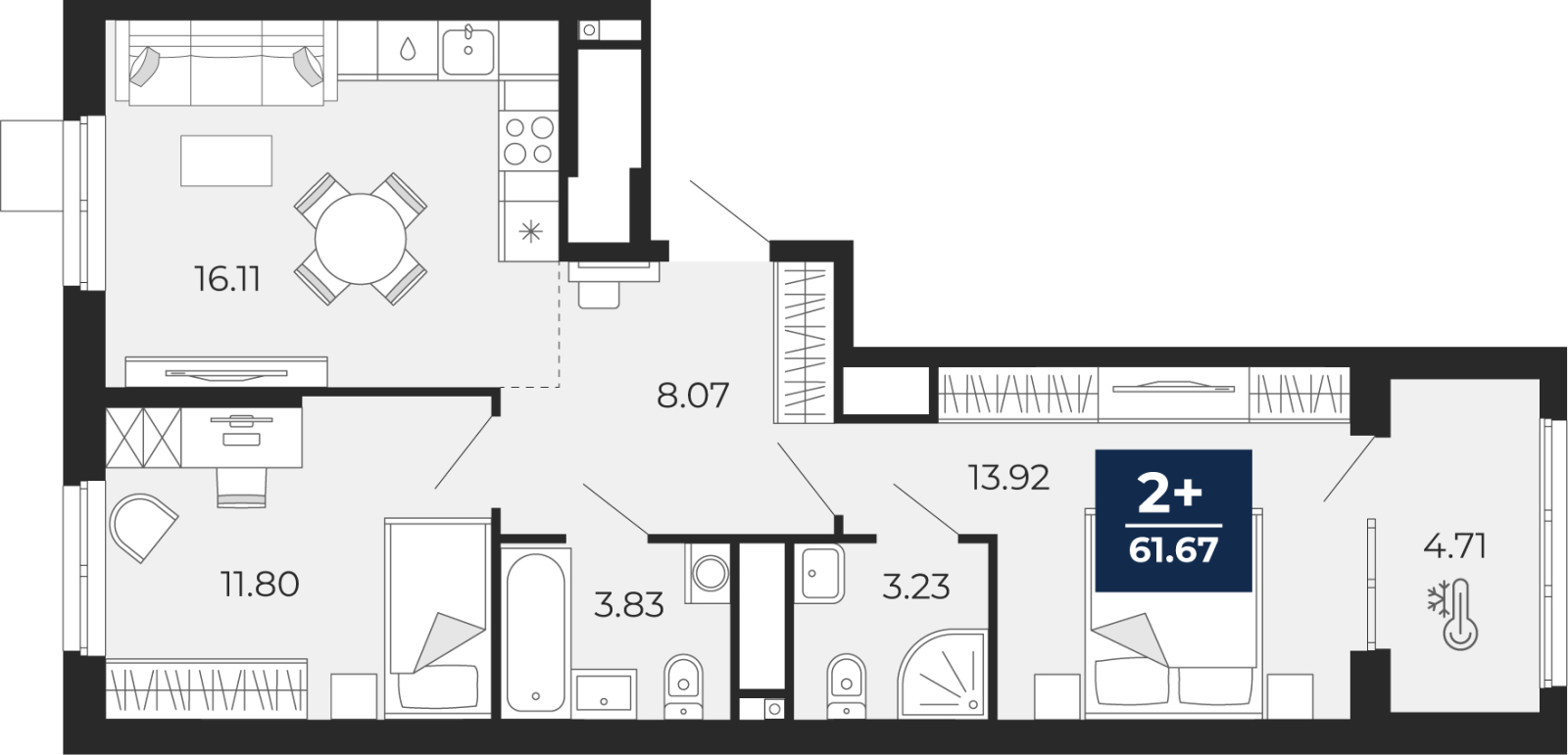 2-комнатная квартира, 61.67 кв.м, ЖК «Мириады город в принципах ЭНКО» 2-комнатная квартира, 61.67 кв.м, ЖК «Мириады город в принципах ЭНКО»