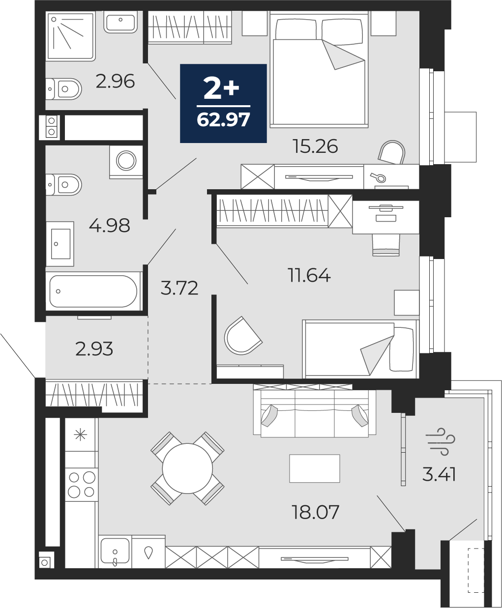 2-комнатная квартира, 62.97 кв.м, ЖК "Мириады"