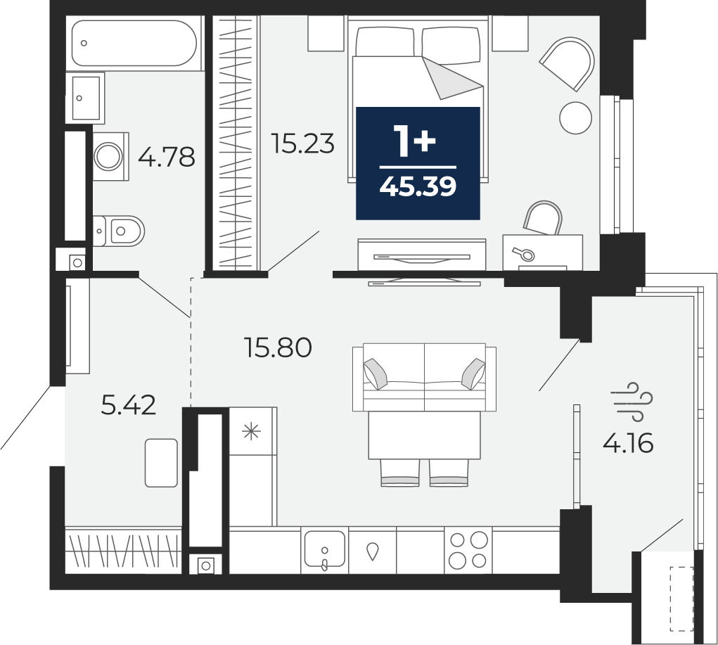 1-комнатная квартира, 45.39 кв.м, ЖК «Мириады город в принципах ЭНКО»