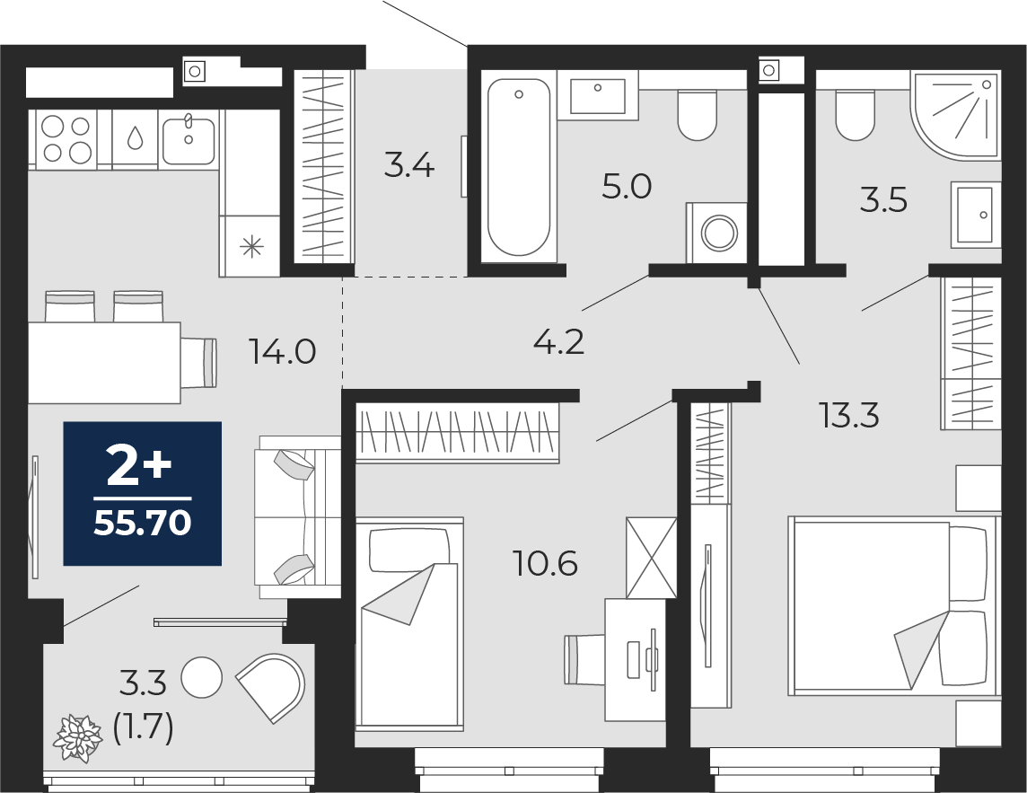 2-комнатная, 57.3 м2, ЖК «Мириады город в принципах ЭНКО»