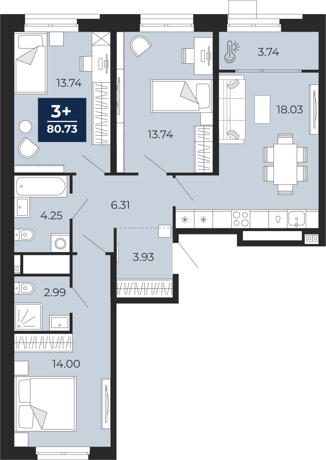3-комнатная квартира, 80.73 кв.м, ЖК «Мириады город в принципах ЭНКО»