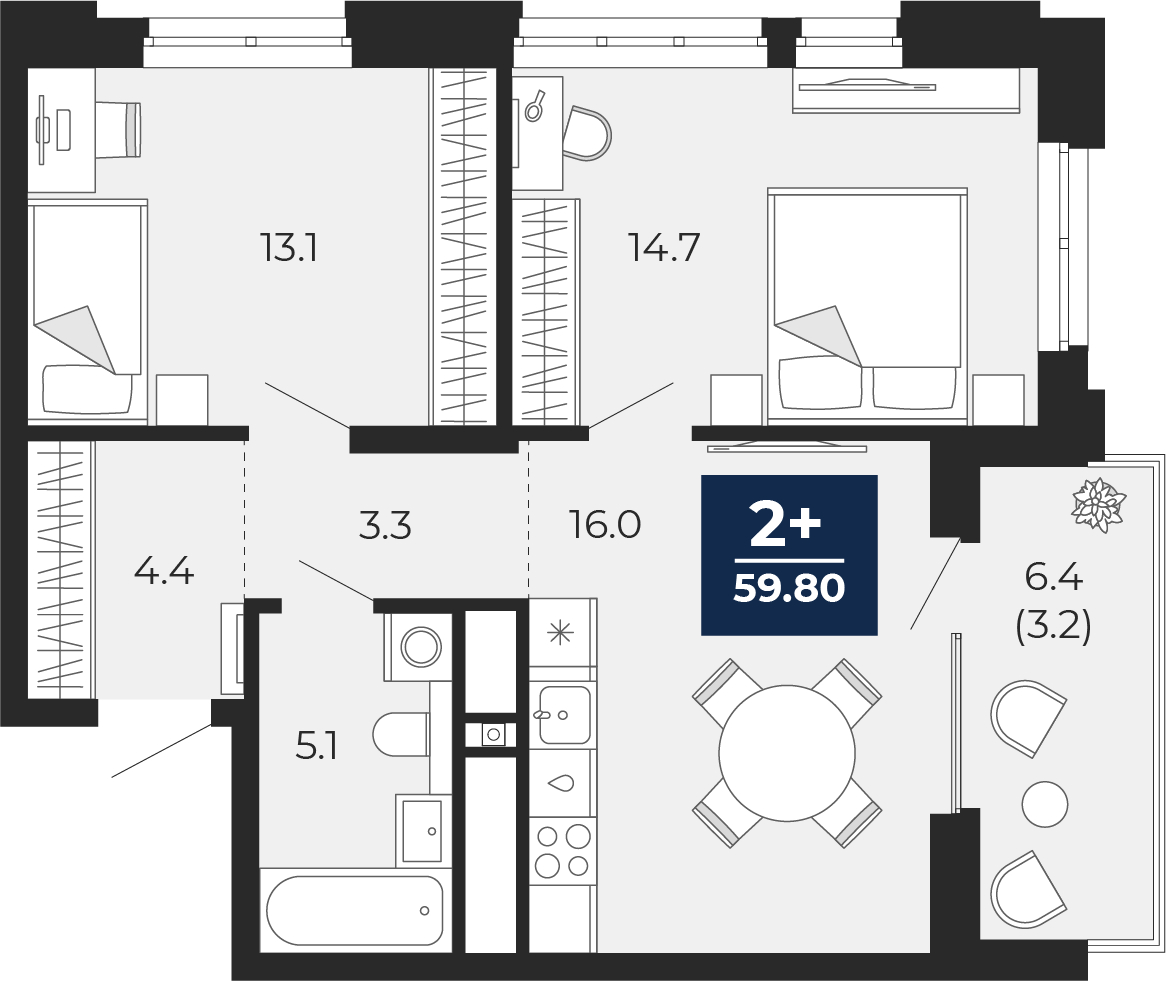 2-комнатная, 63 м2, ЖК «Мириады город в принципах ЭНКО»