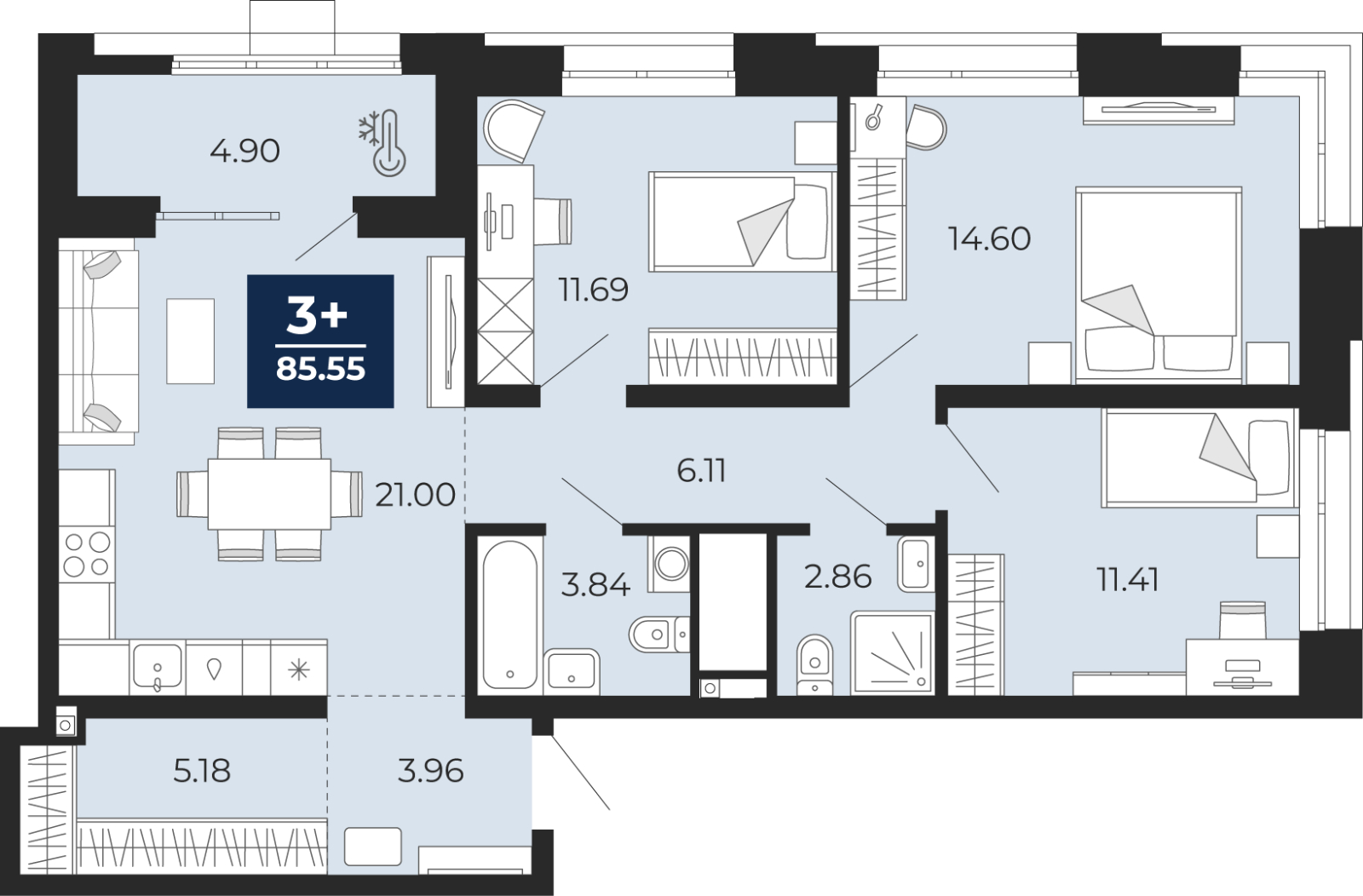 3-комнатная, 85.55 м2, ЖК «Мириады город в принципах ЭНКО»
