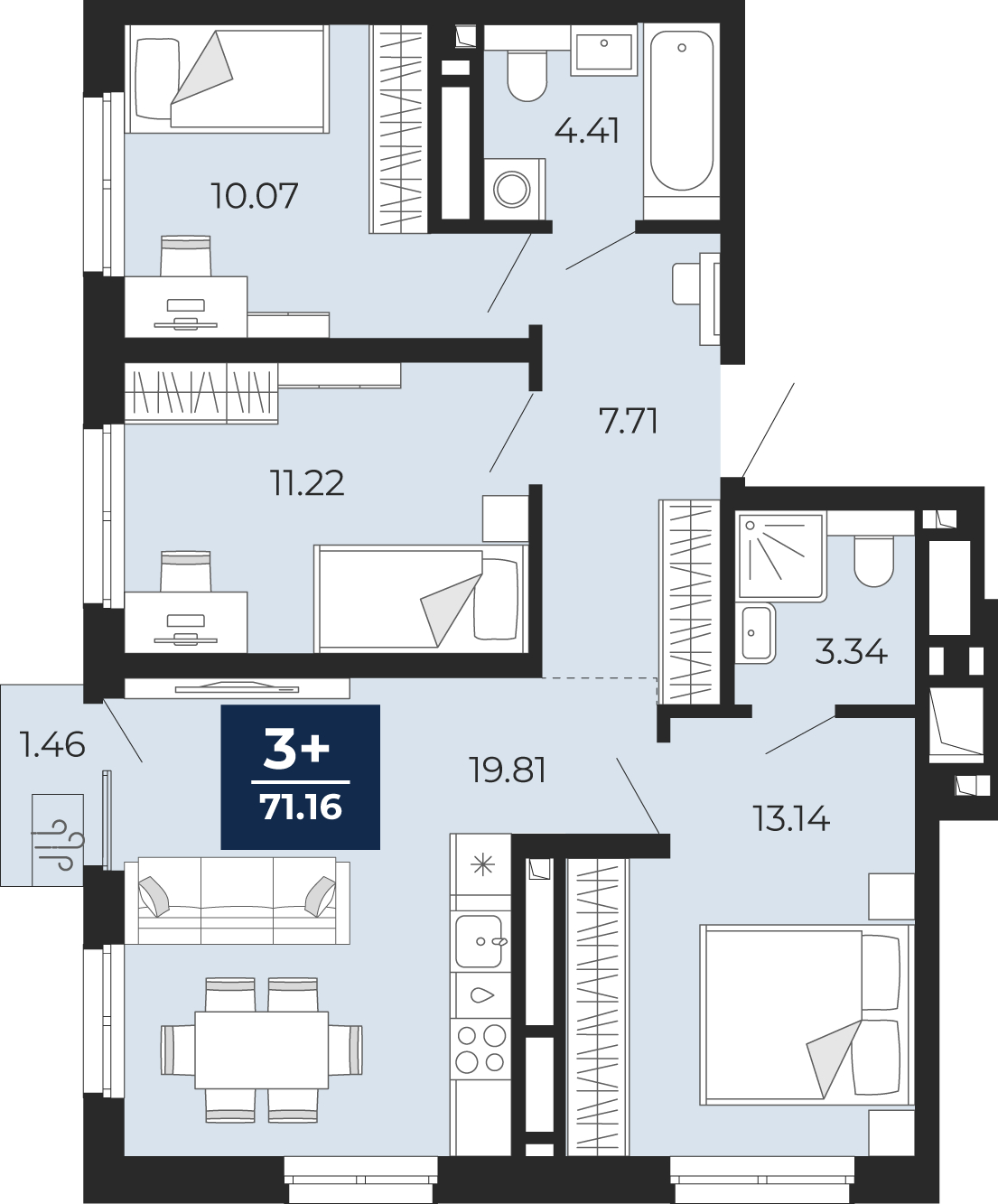 3-комнатная, 71.16 м2, ЖК «Беринг»