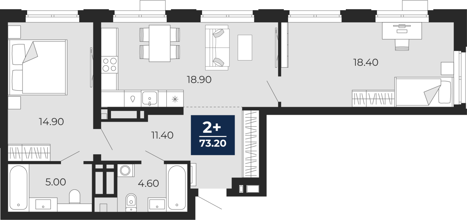 2-комнатная, 73.2 м2, ЖК «Айвазовский Сити»